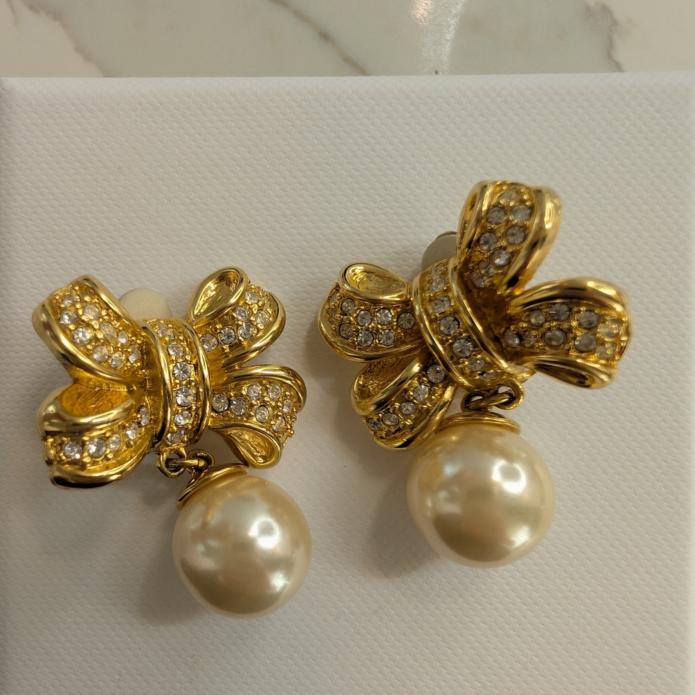 Joan Rivers Gold Bow Earrings with Pearl Drop